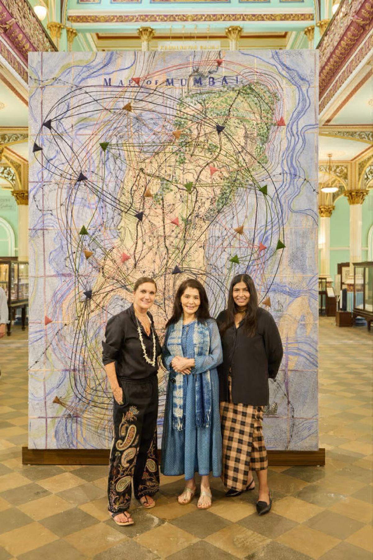 (L-R) Maria Grazia Chiuri, Tasneem Zakaria Mehta, honorary director of Dr. Bhau Daji Lad Museum, and Karishma Swali